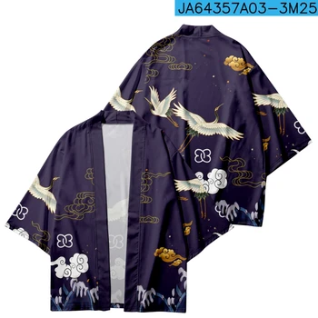 Японские рубашки Хаори с принтом Журавля, Уличная одежда Harajuku, Мужские И женские Традиционные Кардиганы, Кимоно, Топы, Пляжная одежда Юката, Большие размеры