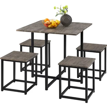 Обеденный набор из 5 предметов с промышленным квадратным столом и 4 стульями без спинок, светло-коричневый