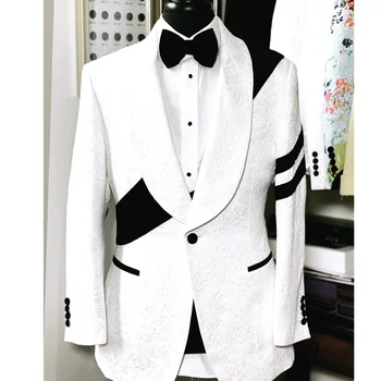 Модный мужской костюм, комплект из 2 предметов, белый жаккардовый узор с черными брюками в стиле пэчворк, мужская одежда для свадьбы, выпускного вечера