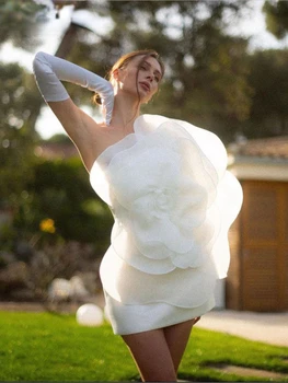 2023 Летнее Новое Женское Белое Сексуальное мини-платье без рукавов с декоративным цветком на одно плечо, Облегающее Мини-платье для свадебной вечеринки знаменитостей, Vestidos