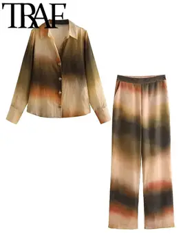 TRAF 2023, Женские Модные костюмы с принтом краски для галстуков, Летняя рубашка с длинным рукавом и пуговицами, V-образный вырез, Женские Прямые брюки, комплект из 2 предметов Y2K