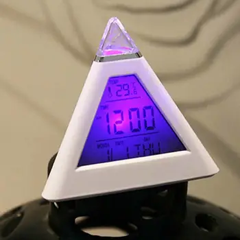 Цифровой светодиодный будильник, 7 цветов, меняющий ночник, отображение времени и температуры, настольные часы пирамидальной формы