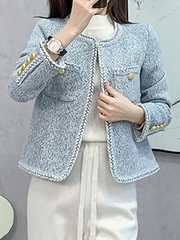 Высококачественный Твидовый пиджак с круглым вырезом и длинными рукавами, новая модная женская одежда 2023 года