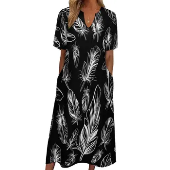 Летнее черно-белое платье с принтом из перьев, эстетичные Пляжные длинные платья в стиле бохо, Женское графическое Элегантное платье Макси Большого размера