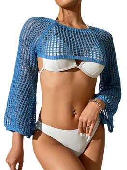Женский вязаный крючком свитер с плечами, укороченные топы с длинным рукавом, прозрачные облегающие пляжные топы, уличная одежда (белый M)