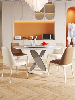 Комбинация обеденного стола и стула, круглый стол, легкая роскошь, современный и простой бытовой выдвижной вращающийся обеденный стол